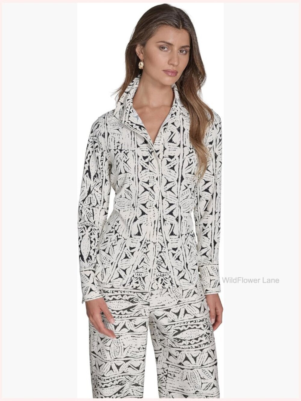 Long Sleeve Button Up Blouse Collared Neck Polyester
